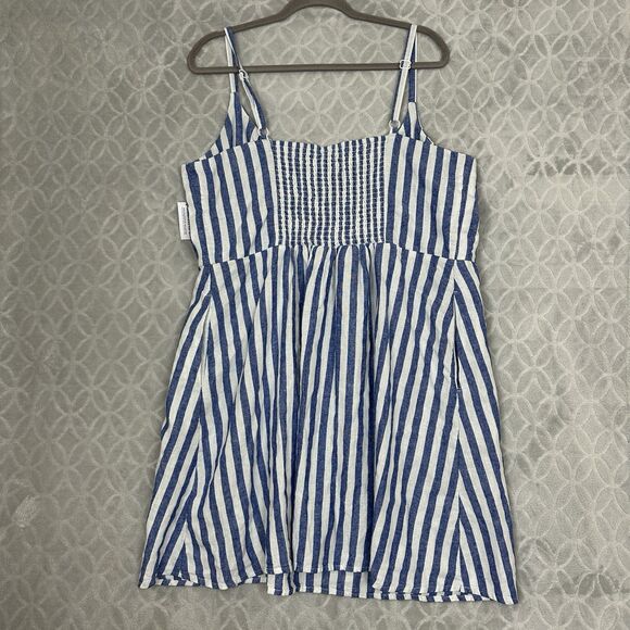 Old Navy Fit & Flare Linen Blend Mini Dress XXL Blue White Stripe Smocked Summer - Picture 5 of 14